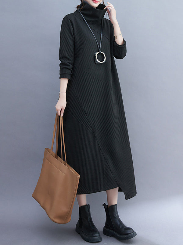 Vintage Irregularity Long Sleeves Solid Color High-Neck Midi Dresses
