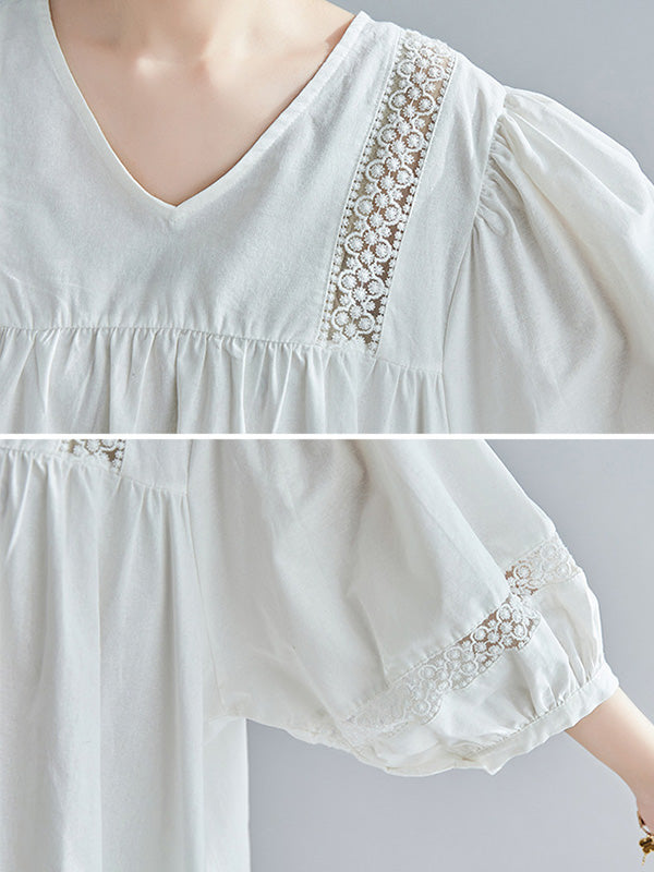 Vintage Hollow Split-Joint Loose Bishop Sleeve Midi Dress
