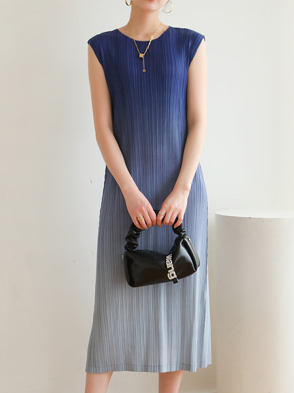 Gradient Pleated Split-Side Loose Sleeveless Round-Neck Midi Dresses