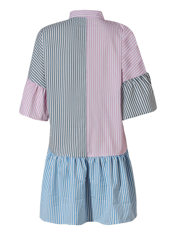 Buttoned Contrast Color Pleated Split-Joint Striped Long Sleeves Loose Stand Collar Shirt Dress Mini Dresses