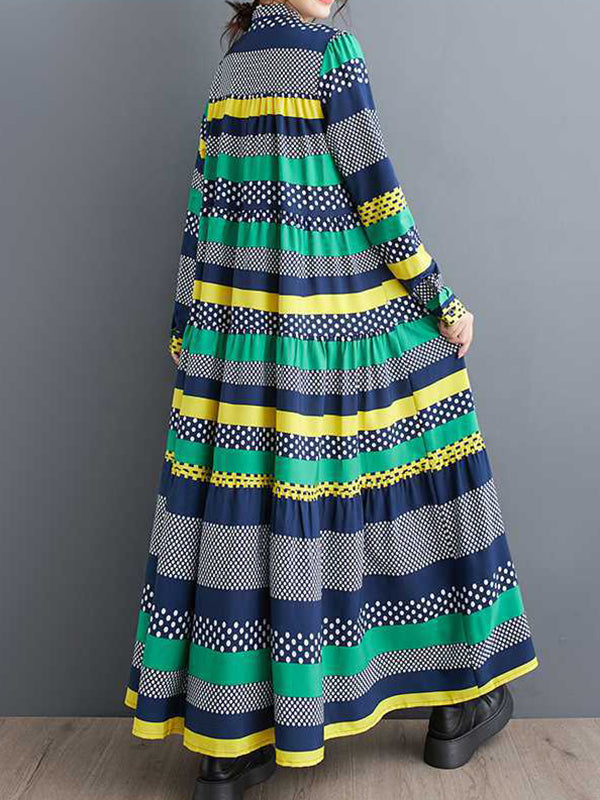 Buttoned Polka-Dot Split-Joint A-Line Long Sleeves Round-Neck Midi Dresses