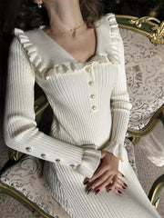 High Waist Ruffled Maxi Dresses For Women Autumn Winter Knitted Slim Long Dress Women's Vintage Dress Woman Retro ElegantChristmas Gifts