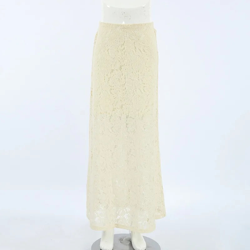 Elegant Lace See-through Long Skirt Women's Sexy Patchwork Skirt Solid Casual Loose High Waist Slim Retro Long Skirt Y2k
