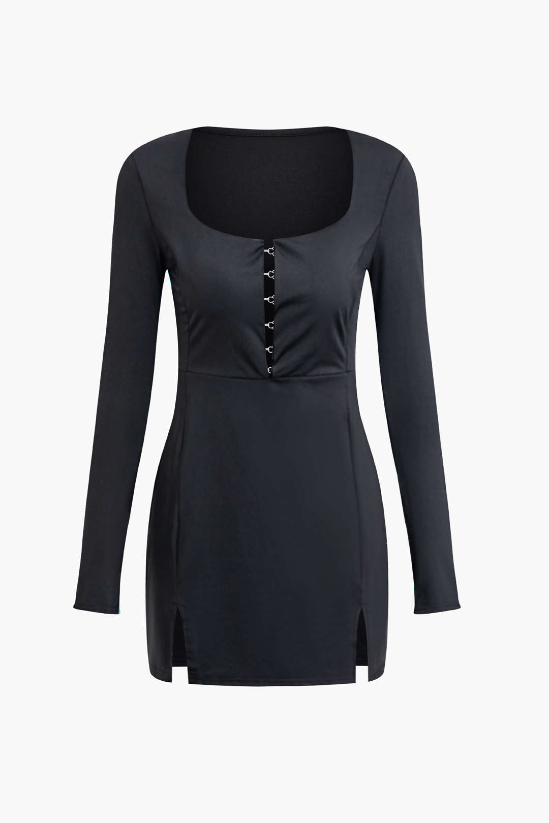 Kapuze und Auge, quadratischer Ausschnitt, Schlitz, langärmliges Minikleid 
