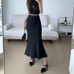 Mode Y2K Casual Frauen Langen Rock Frühling Elastische Hohe Taille A-linie Casual Weibliche Satin Röcke High Street Lady Midi Röcke 