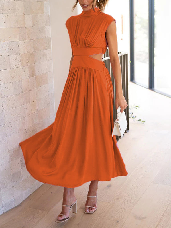 Belly-Hollow Pleated Solid Color Cap Sleeve Stand Collar Maxi Dresses