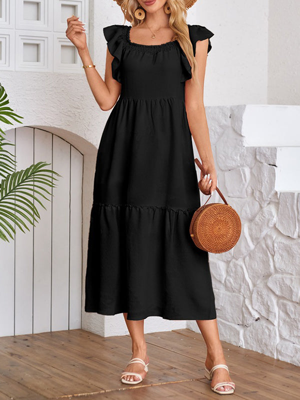 A-Line Loose Elasticity Pleated Ruffled Solid Color Split-Joint Off-The-Shoulder Midi Dresses