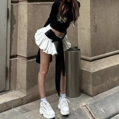 Bow Skirt Sets For Women Sexy Backless Bandage Lace Up Shirt Femme Fashion Folds Mini Skirts 2 Piece Suits Womens OutfitsChristmas Gifts