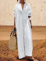 Long Sleeves Striped Lapel Maxi Dresses