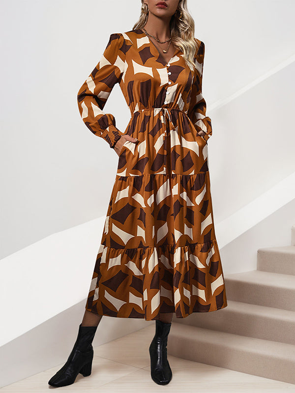 A-Line Long Sleeves Buttoned Elasticity Pleated Printed Split-Joint Tied Waist V-Neck Midi Dresses