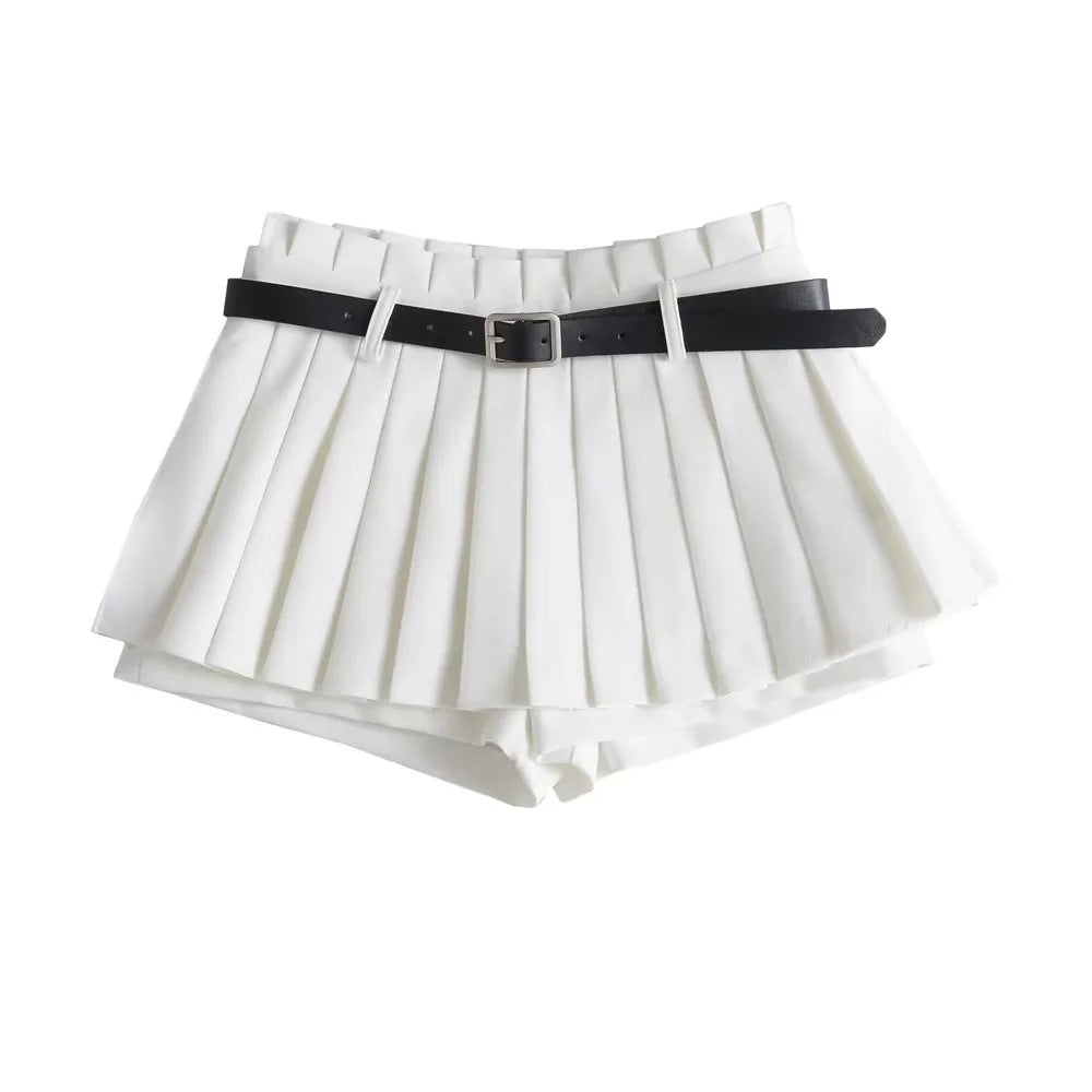 Schlanker Mini-Faltenrock mit niedriger Taille für Frauen im Sommer, lässig, schwarzer Gürtel, Röcke, Babes, modisch, solide Une Jupe Ligne, Weihnachtsgeschenke 
