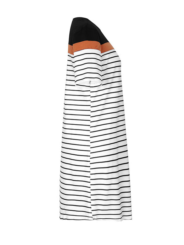 Loose Short Sleeves Contrast Color Striped Round-Neck Mini Dresses