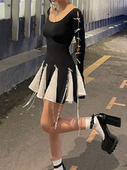 Lace Up High Waist Dress For Women Folds Splice Bodycon Mini Dress Hot Girls Street Slim See Through Dresses Woman AutumnChristmas Gifts