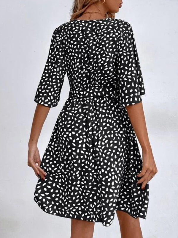 Half Sleeves Loose Pleated Printed Ruffled Tied Waist V-Neck Mini Dresses