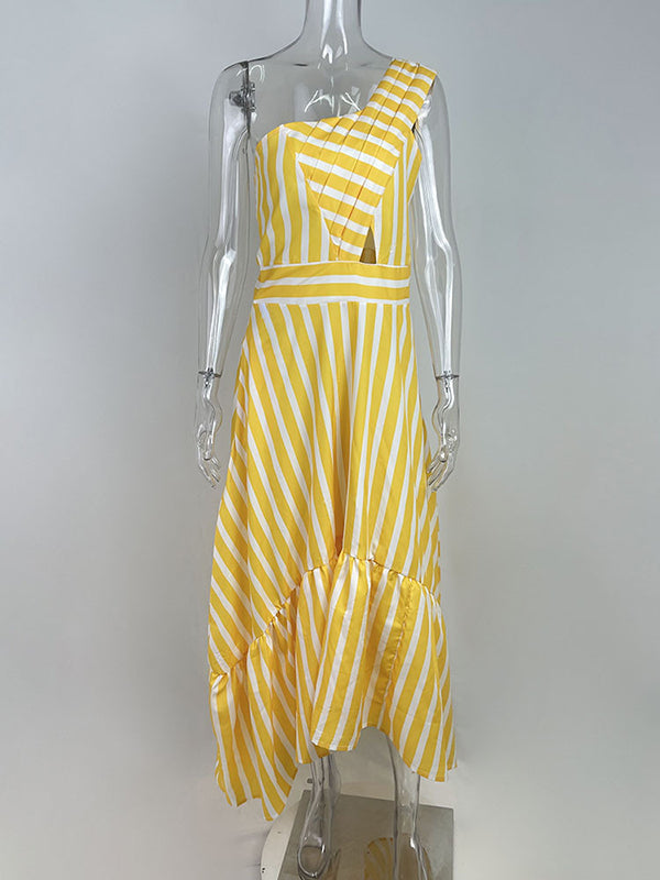 High Waisted Loose Asymmetric Hollow Pleated Pockets Split-Joint Striped Zipper One-Shoulder Midi Dresses