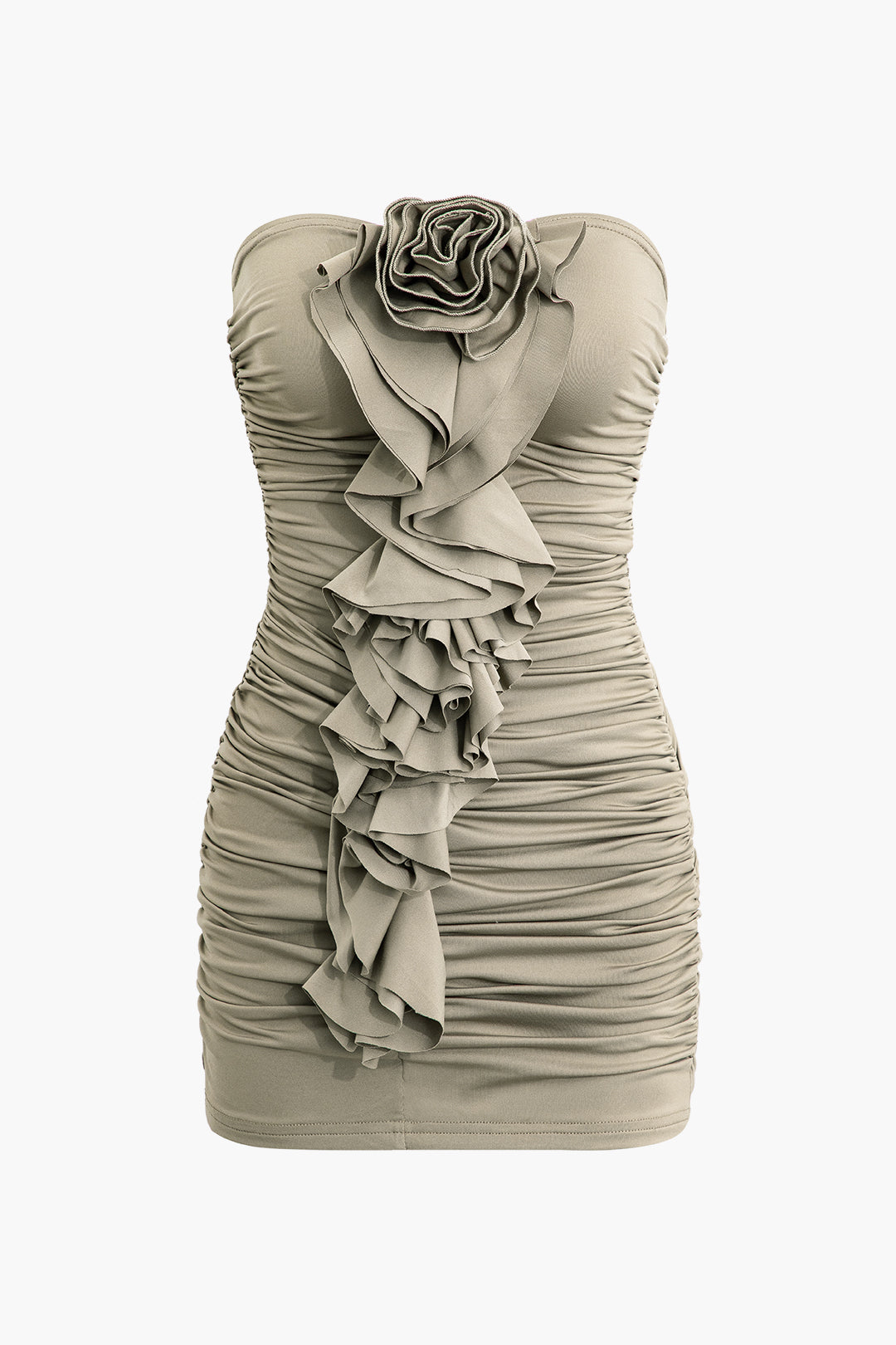 3D Flower Ruffle Ruched Bodycon Strapless Mini Dress