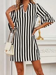 Contrast Color Pleated Split-Joint Striped A-Line Flared Sleeves V-Neck Mini Dresses