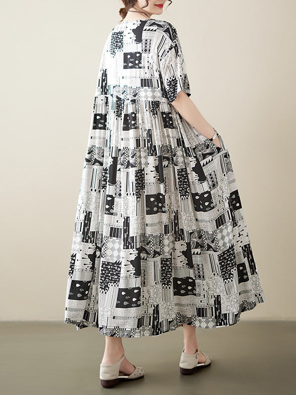 Printed A-line Loose Round-neck Midi Dresses