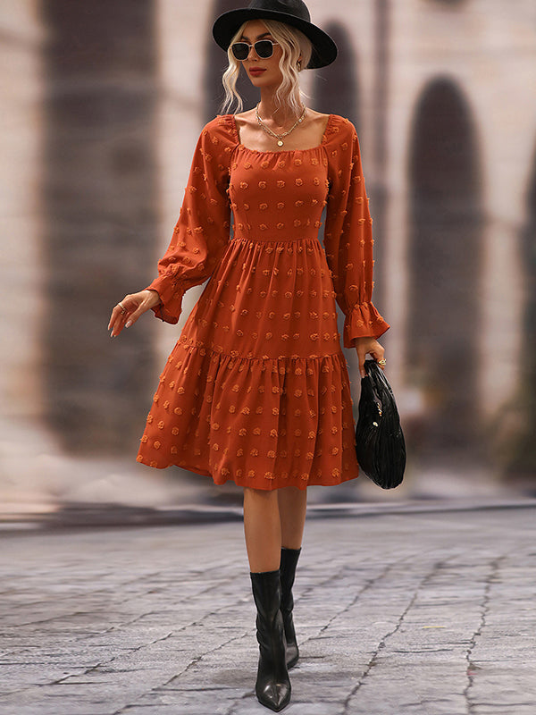 Bohemia Puff Sleeves A-Line Solid U-Neck Dress