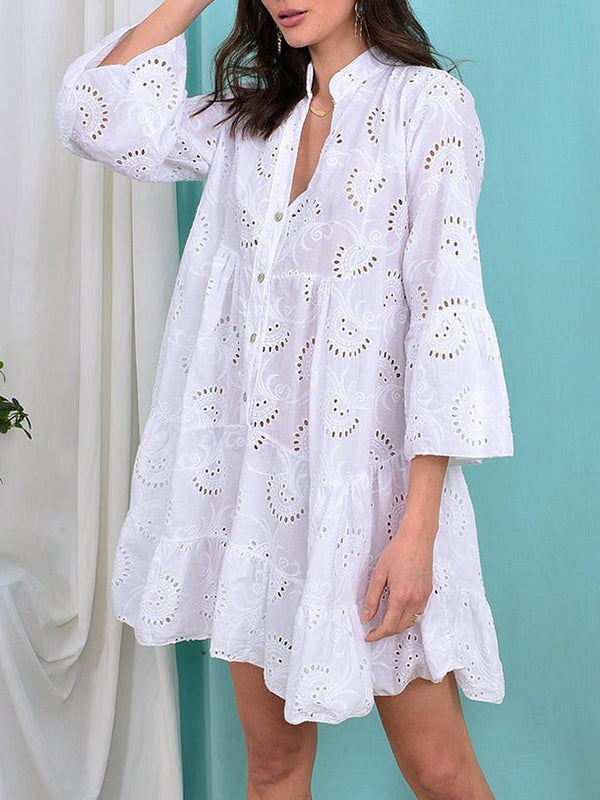 A-Line Flared Sleeves Buttoned Hollow Solid Color Split-Joint V-Neck Mini Dresses
