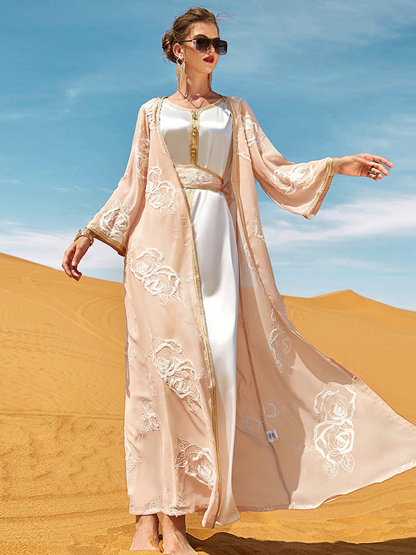 Vacation Loose Long Sleeves Embroidered Solid Color Round-Neck Dress