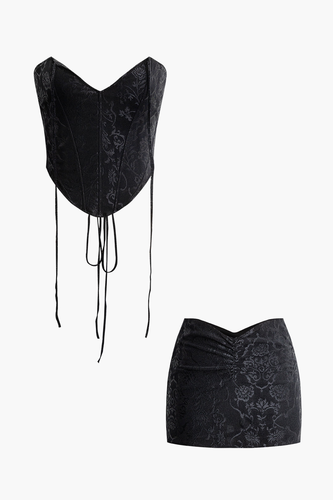 Set aus Jacquard-Korsett-Oberteil mit geflochtener Krawatte und V-Ausschnitt und gerüschtem Minirock 