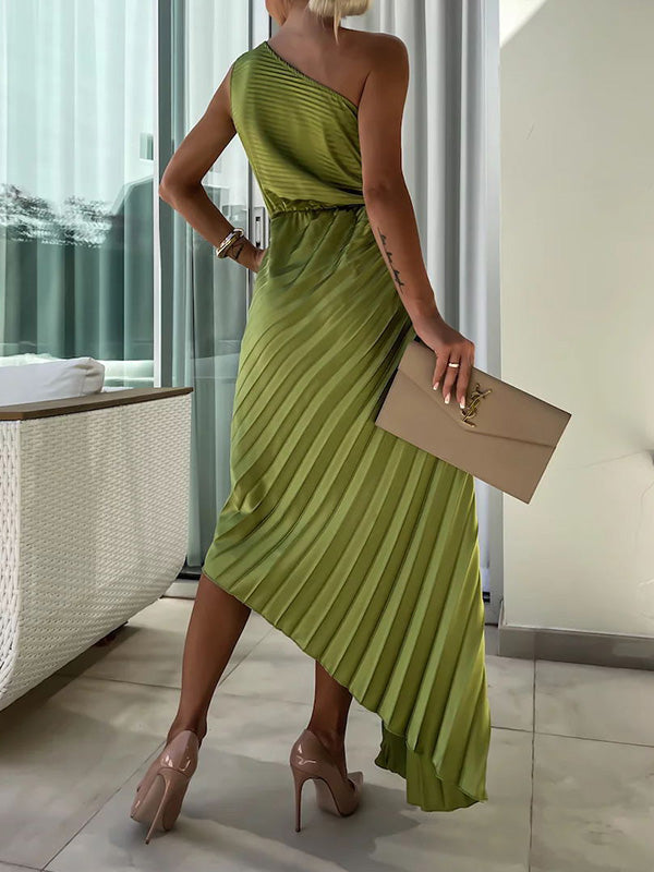 Solid Color Off-The-Shoulder Sleeveless Flower Asymmetric Pleated Maxi Dresses