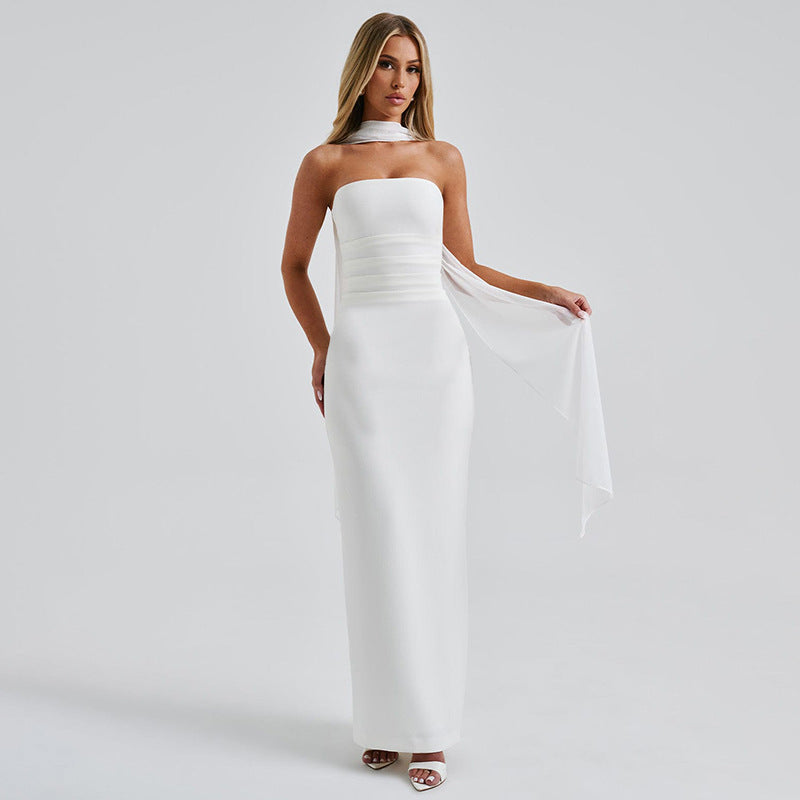 Elegant Tube Top Long Dress Female With Gloves Halter Neck Ribbon Three Pieces Sexy Backless Bodycon Gown Dresses WomanChristmas Gifts