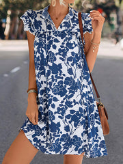 A-Line Ruffle Sleeves Printed Split-Joint Tied V-Neck Mini Dresses