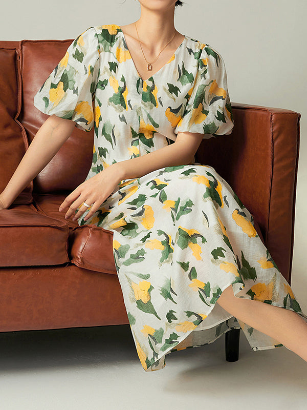 Pleated Printed Loose Puff Sleeves V-Neck Midi Dresses