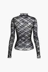 Sheer Lace Mock Neck Long Sleeve Top