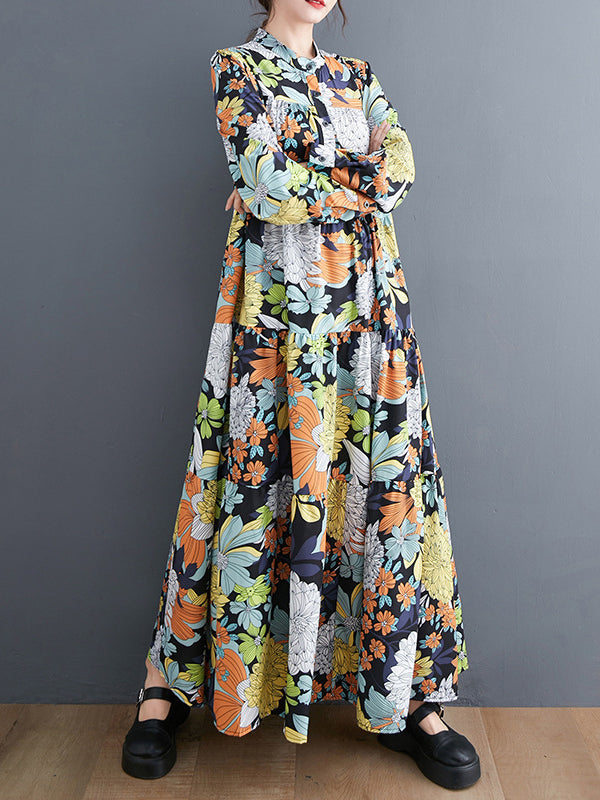 Long Sleeves Loose Floral Printed Round-Neck Midi Dresses