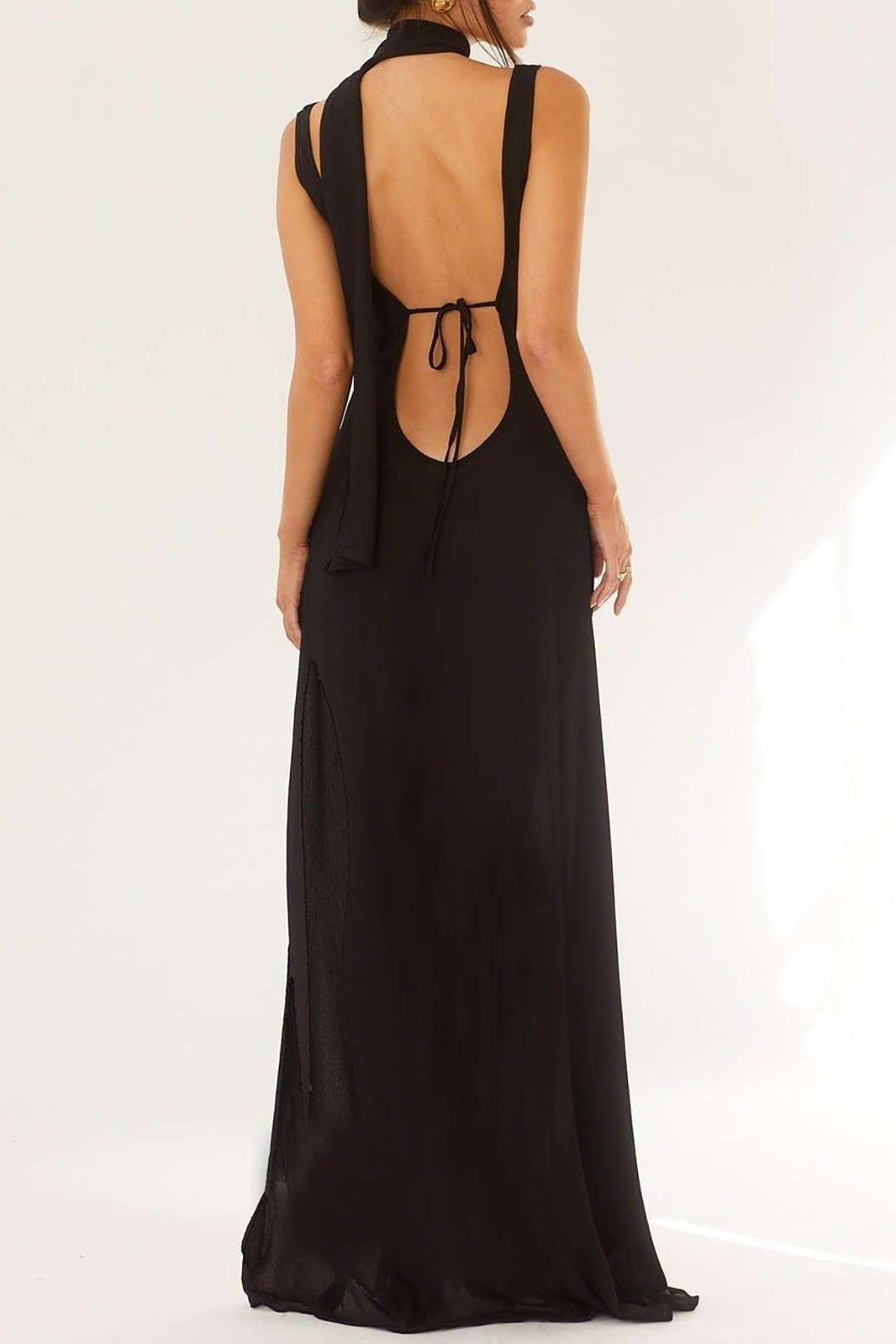 Solid V-neck Backless Tie Sleeveless Maxi Dress With Scarf