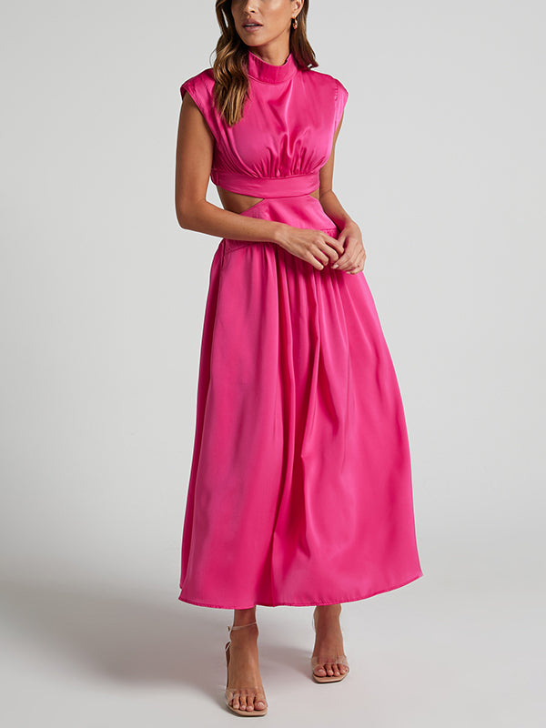 Belly-Hollow Pleated Solid Color Cap Sleeve Stand Collar Maxi Dresses