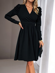 Puff Sleeves Skinny Pleated Solid Color Split-Joint V-Neck Midi Dresses