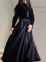 Pleated Split-Joint Zipper A-Line Long Sleeves Mock Neck Maxi Dresses