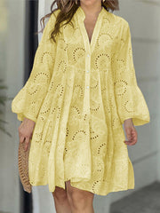 A-Line Flared Sleeves Buttoned Hollow Solid Color Split-Joint V-Neck Mini Dresses