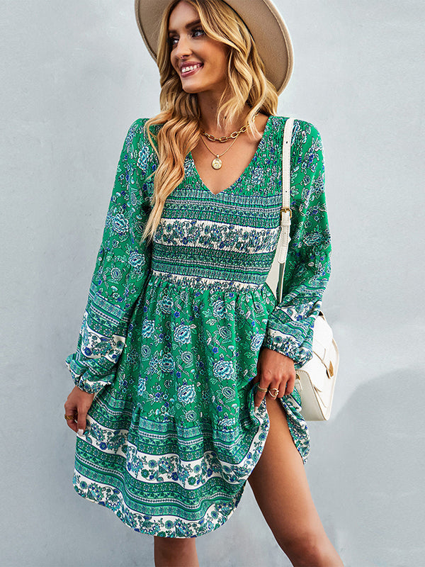 Bohemia A-Line Loose Floral Printed V-Neck Dress