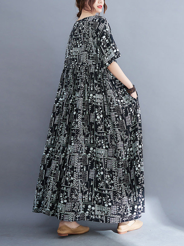 Vacation Loose Short Sleeves Floral Printed Contrast Color Round-Neck Midi Dresses