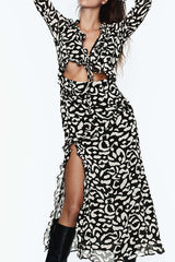 Printed V-neck Tie Front Cut Out Slit Midi Dress