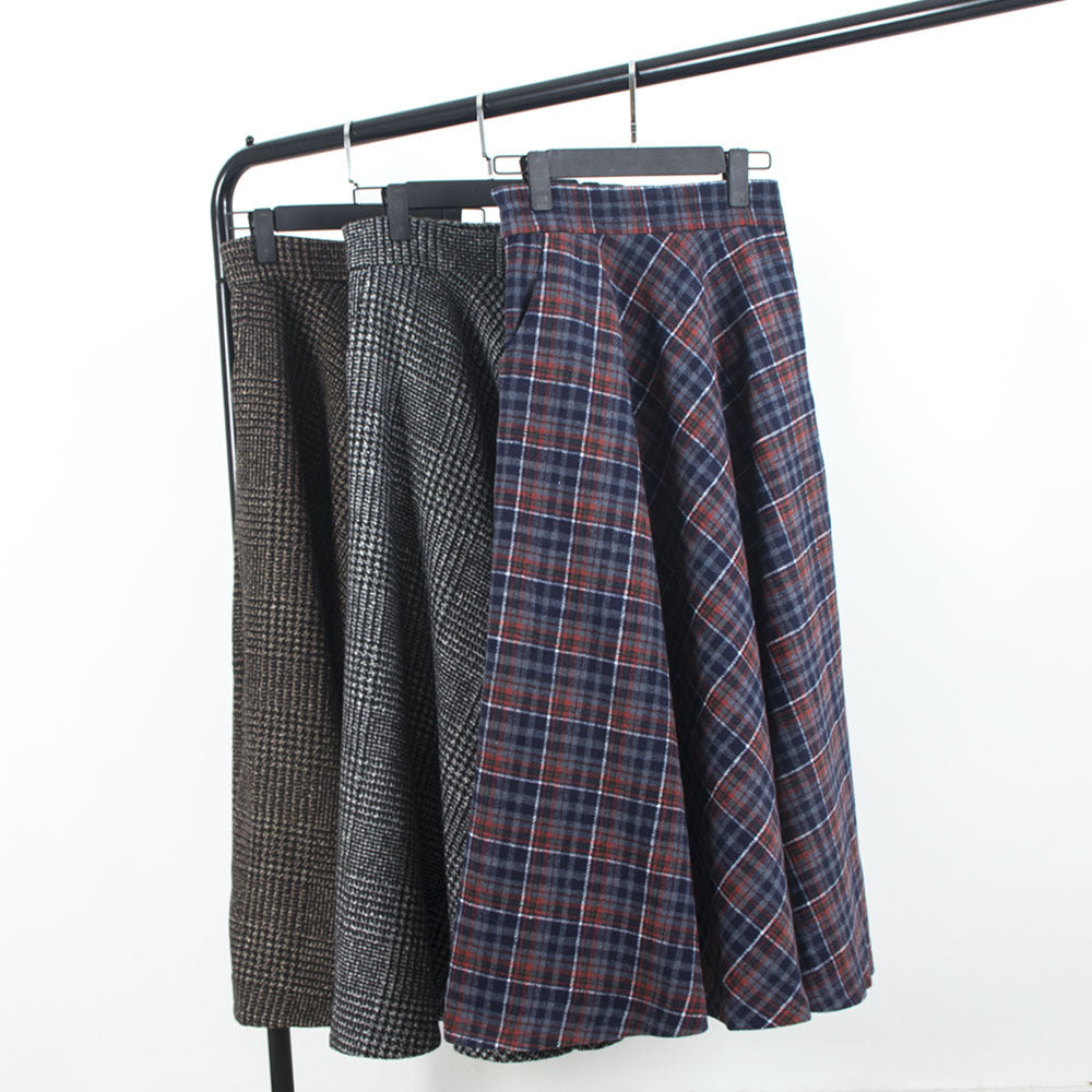 90er-Jahre-Mode Herbst- und Winter-Wollrock Künstlerischer Retro-Karo Großer Swingrock Elastische Taille Mittellang Square Dance Abnehmende A-Linie