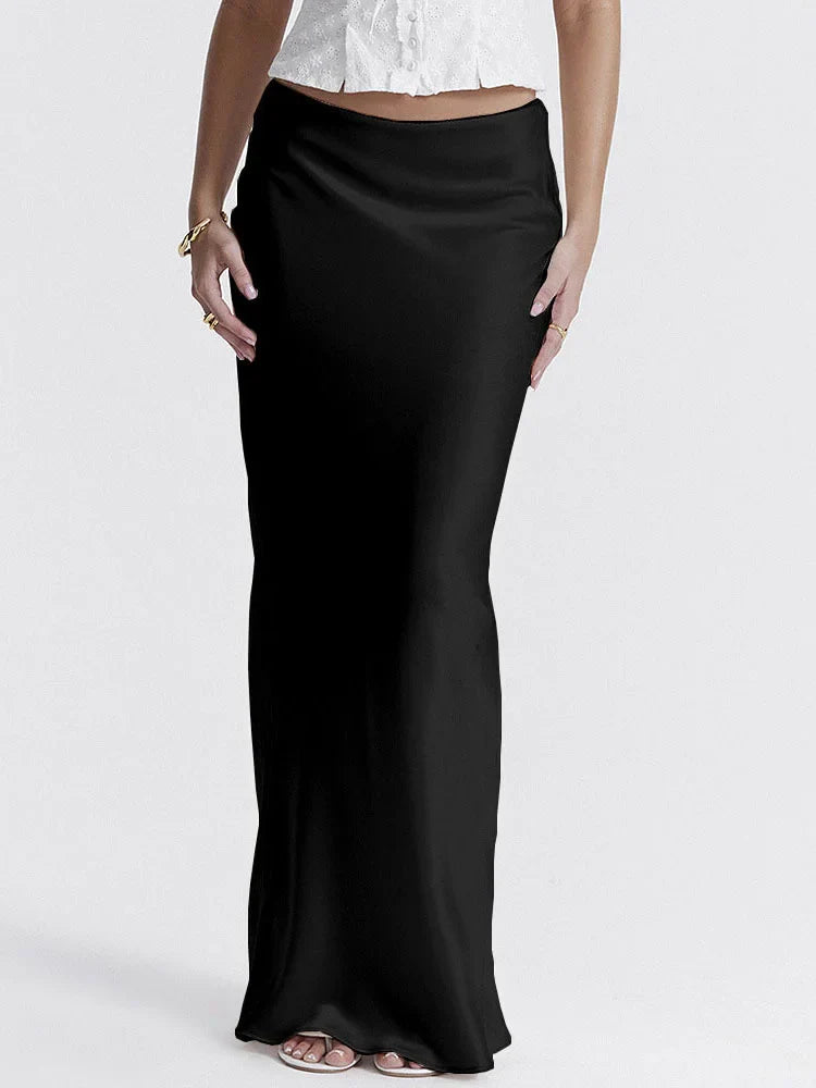 Slim Satin Long Skirt For Women High Waist Solid Party Temperament Maxi Skirts Womens Street Casual Lace Up Skirt FemmeChristmas Gifts