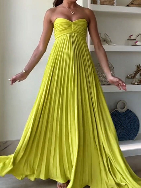 Solid Color Pleated Tube Elegant Maxi Dresses
