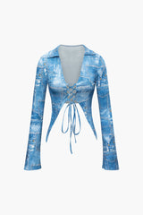 Denim Pattern Print V-neck Tie Front Long Sleeve Top