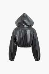 Faux Leather Zip Up Elastic Hooded Jacket