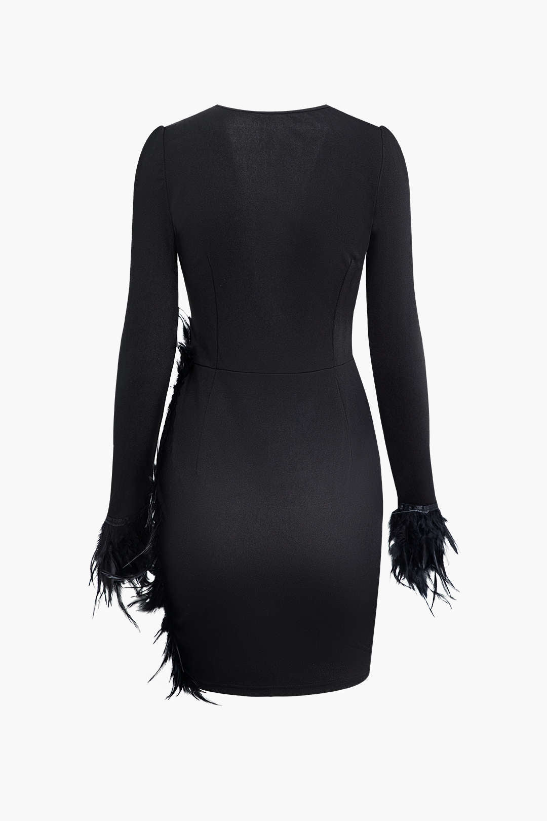 Deep V-neck Patchwork Feather Long Sleeve Mini Dress