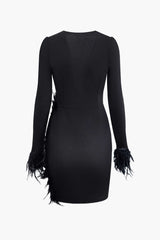 Deep V-neck Patchwork Feather Long Sleeve Mini Dress