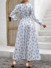 Elasticity Floral Printed Long Sleeves Loose V-neck Maxi Dresses