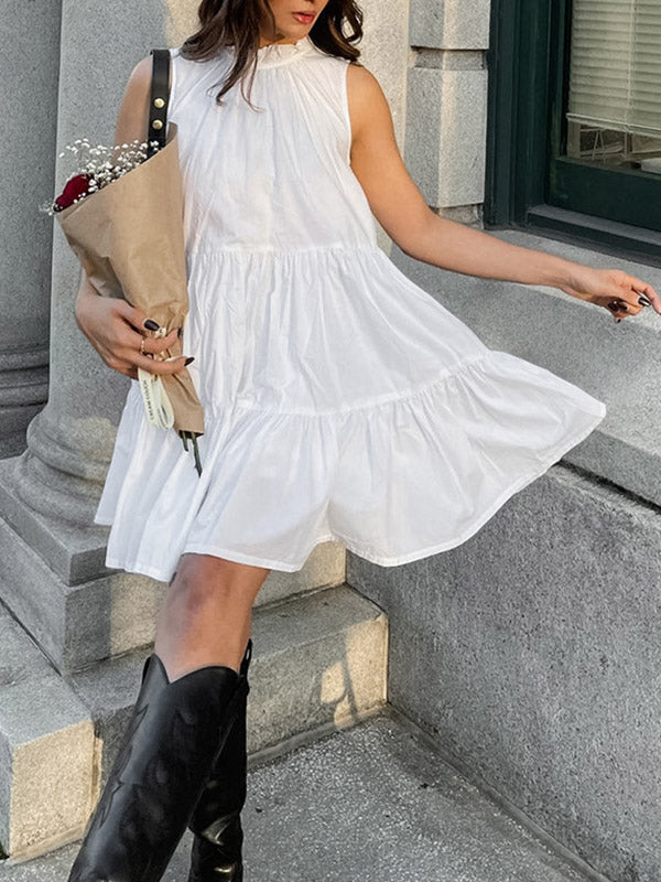 Pleated Ruffled Solid Color Split-Joint A-Line Loose Round-Neck Shirt Dress Mini Dresses