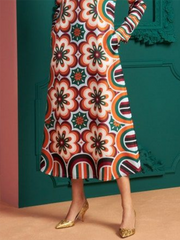 Contrast Color Flower Print Long Sleeves Round-Neck Midi Dresses